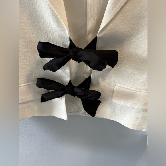 ZARA Bow Tie Short Jacket Blazer Linen Blend XS Faux Pockets Blogger Favourite - Picture 8 of 12